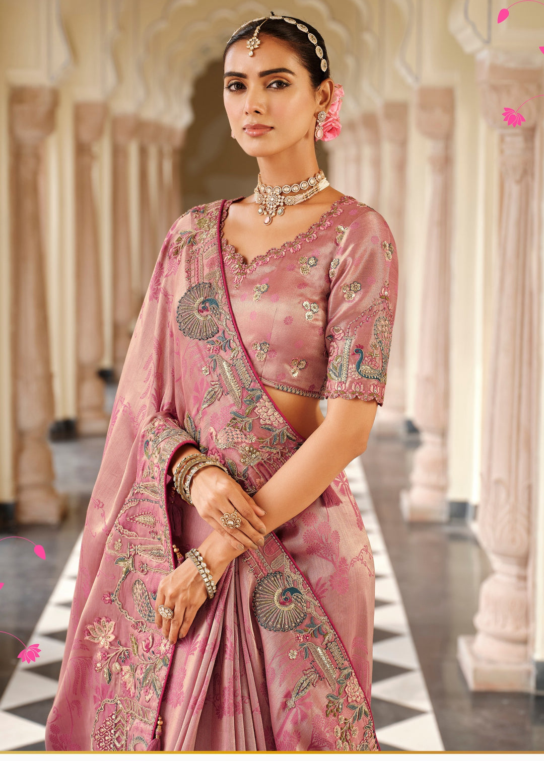 Mauve Pink with Floral detailing Silk Saree