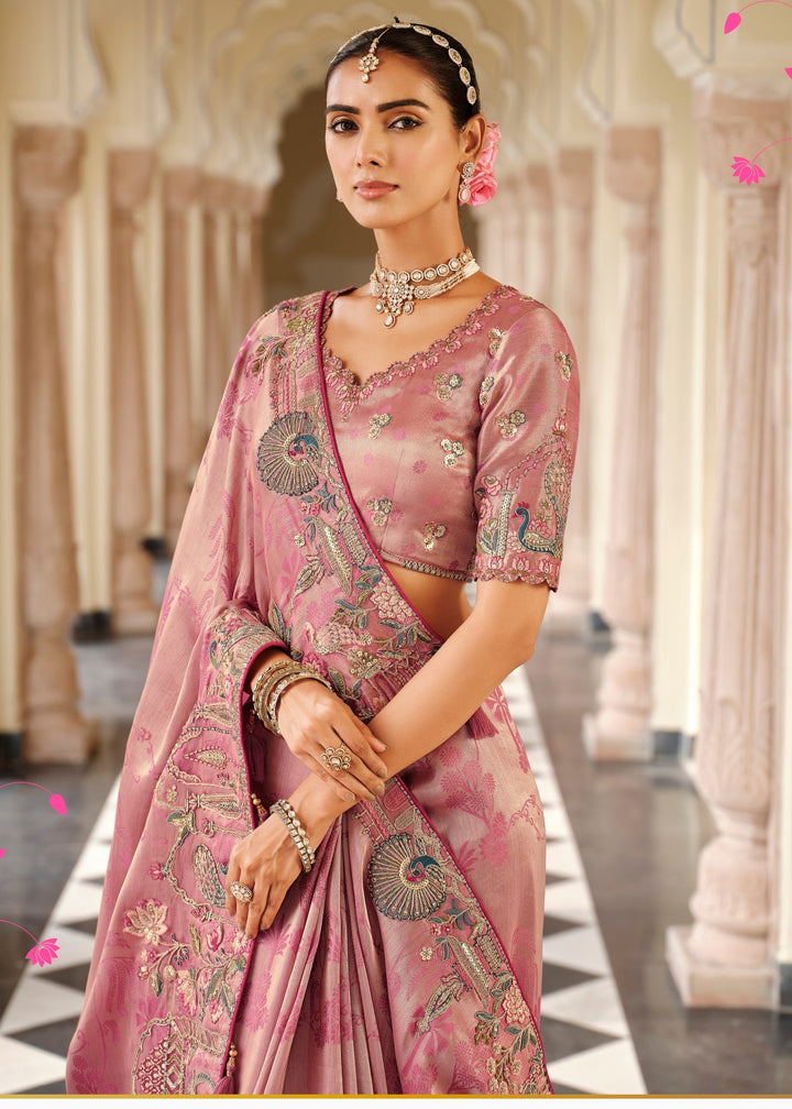 Mauve Pink with Floral detailing Silk Saree