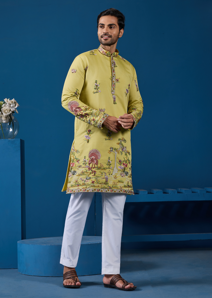 Chartreuse Yellow Mens Wear Kurta with Pant