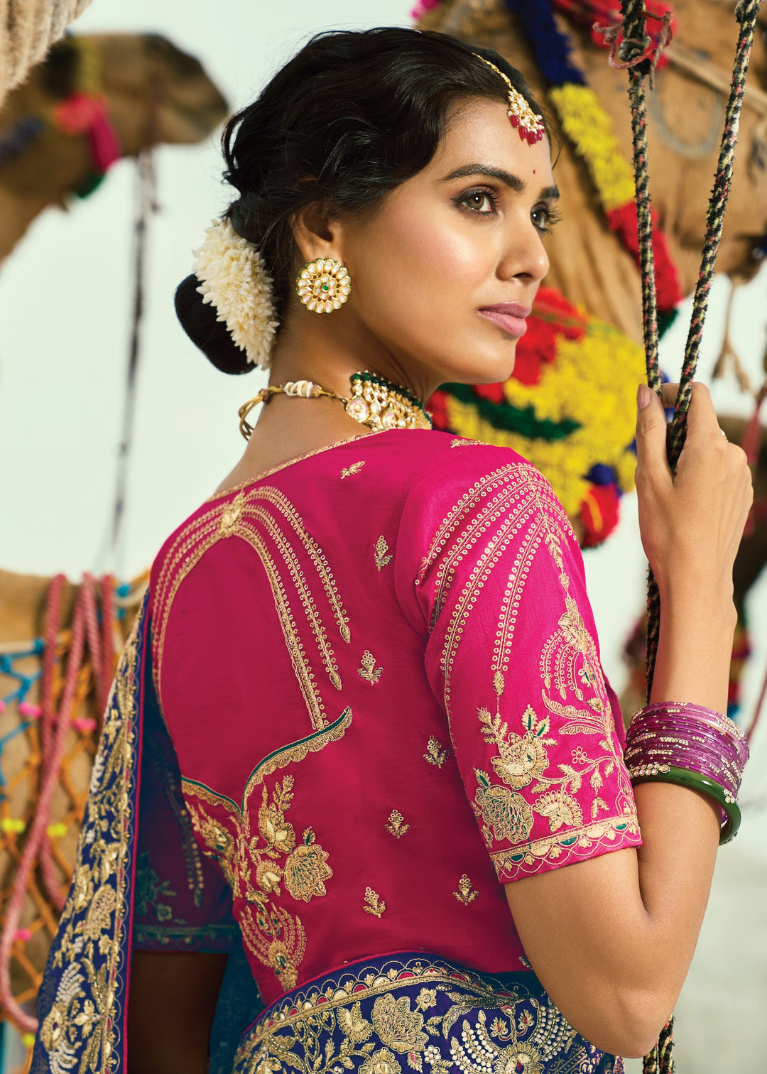 Orange & Blue Georgette Bandhej Saree With Moti & Cut-Dana Handwork Border