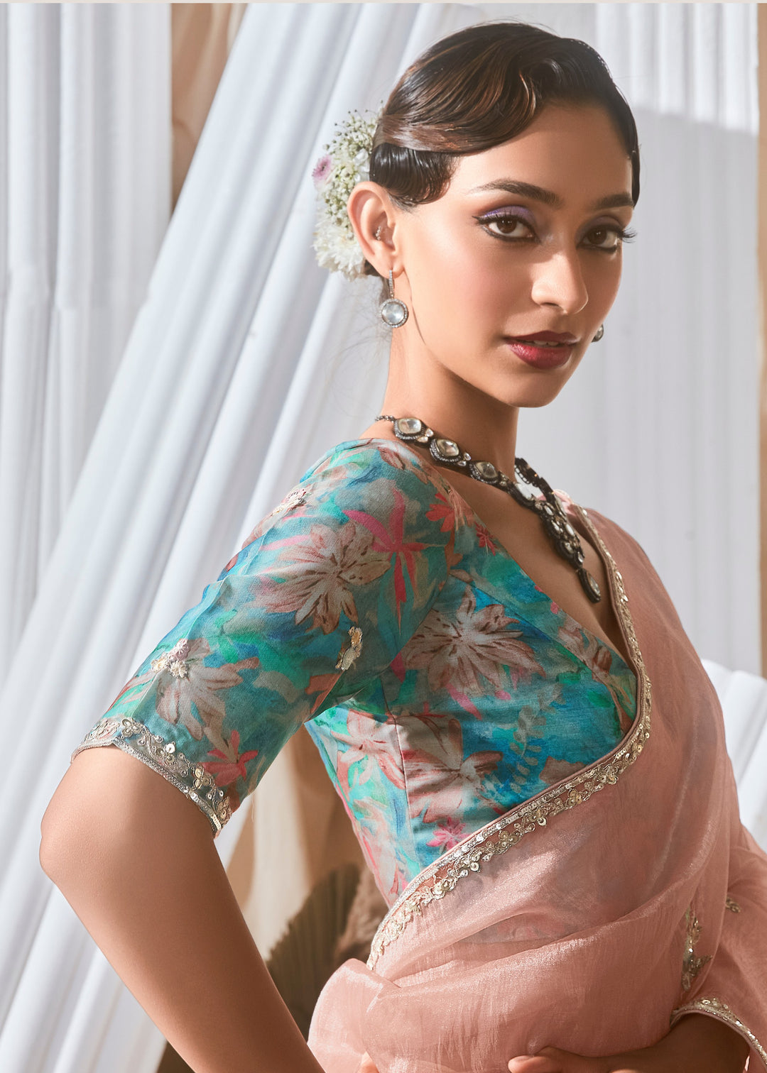 Peach Pink Fancy Silk Saree With Printed Blouse