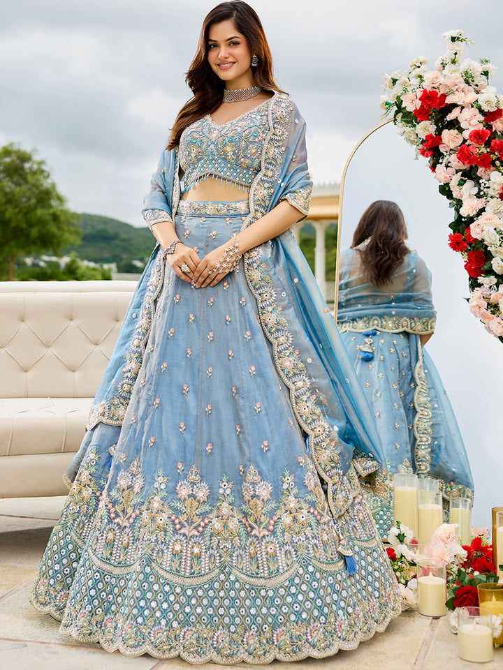 Sky Satin Silk Lehenga Choli with Sequinned Embroidered