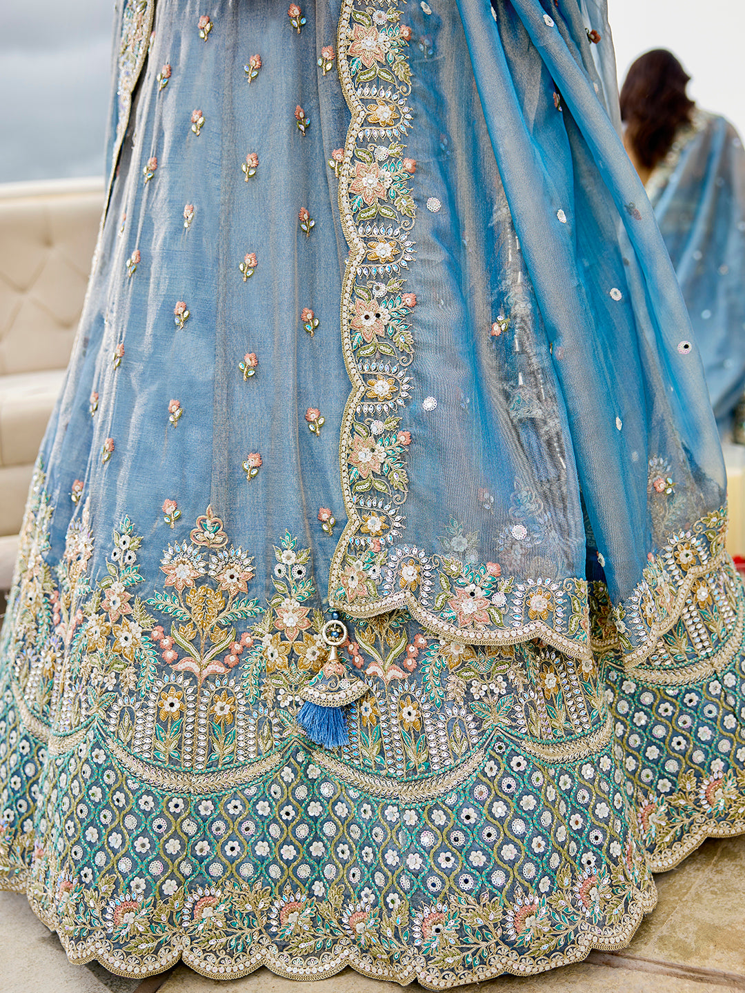 Sky Satin Silk Lehenga Choli with Sequinned Embroidered