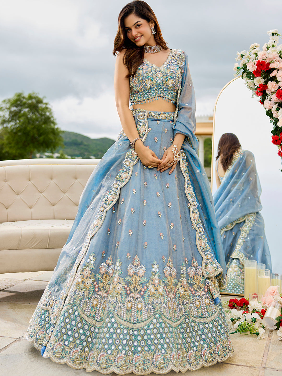 Sky Satin Silk Lehenga Choli with Sequinned Embroidered