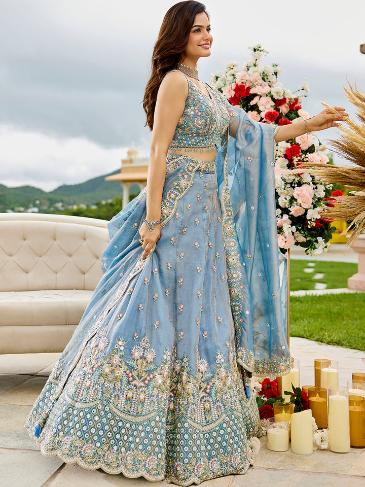 Sky Satin Silk Lehenga Choli with Sequinned Embroidered