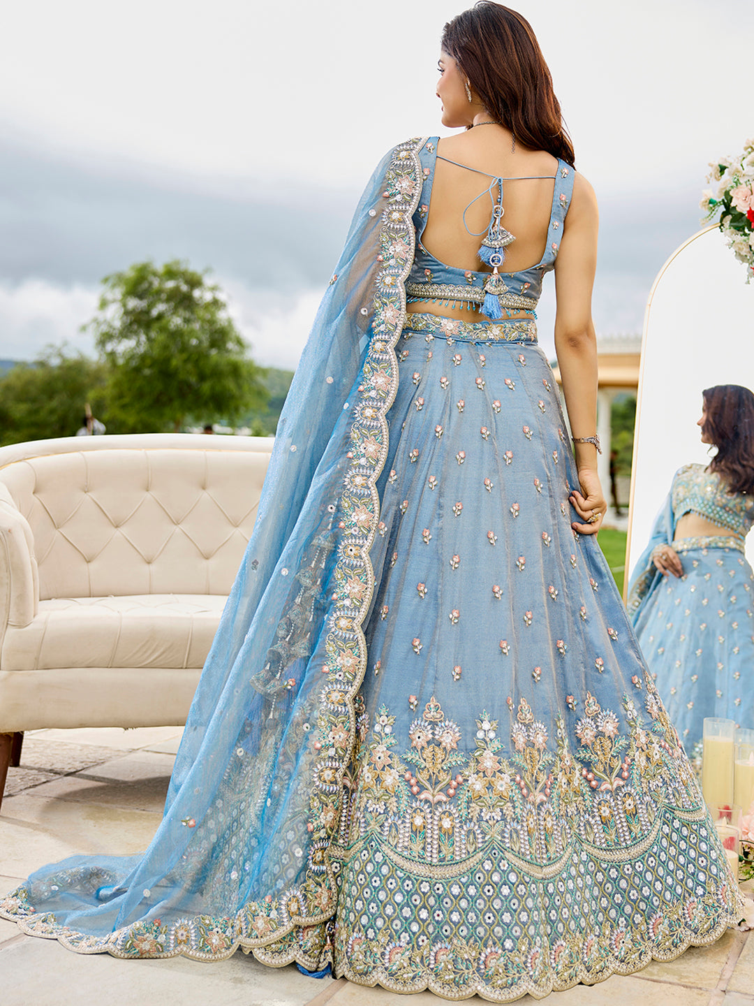 Sky Satin Silk Lehenga Choli with Sequinned Embroidered