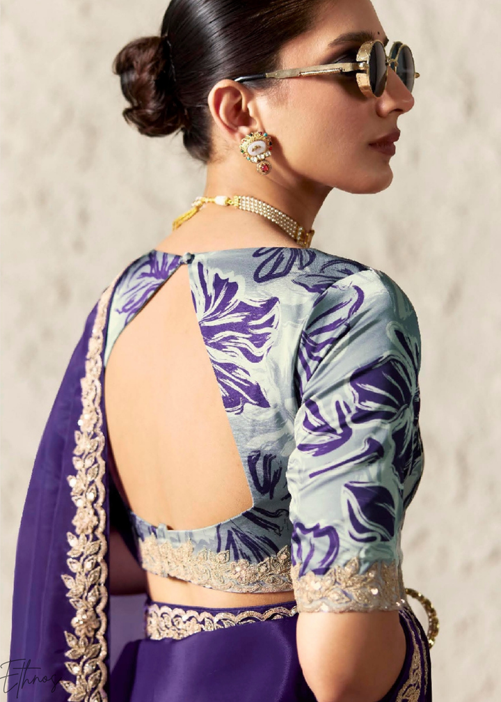 Royal Purple Embroidered Glass Tissue Designer Saree