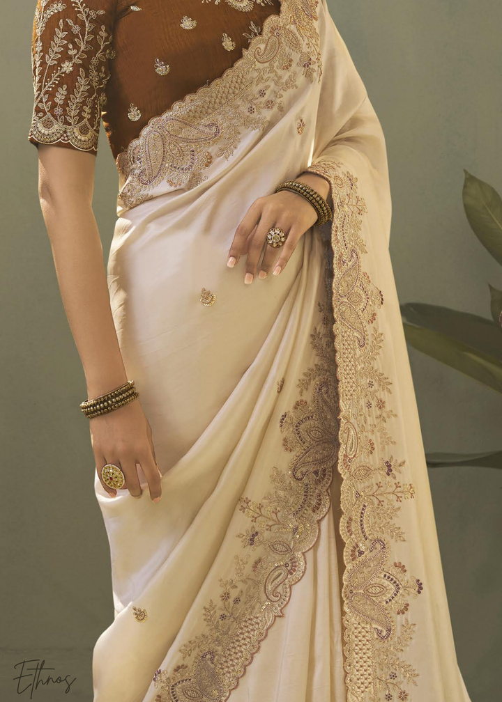 Antique Ivory Woven Scallop Border Upada Silk Saree