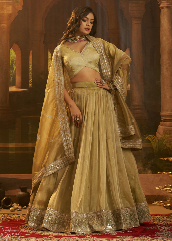 Antique Olive Sequin-Embellished Organza Lehenga Set