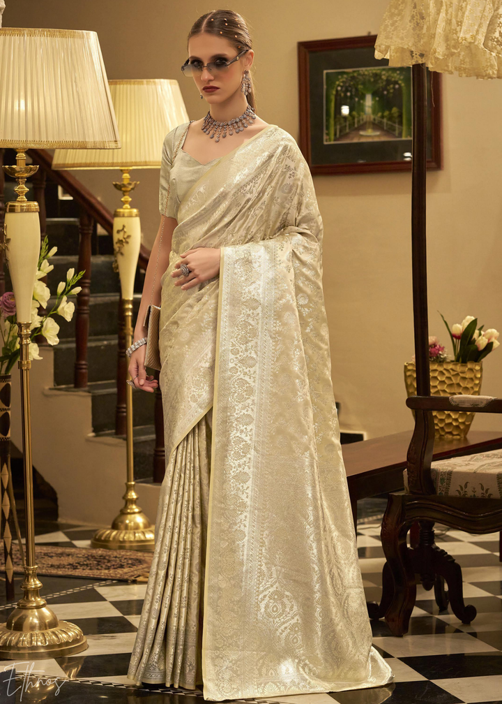 Champagne Rose Iridescent Woven Satin Silk Saree