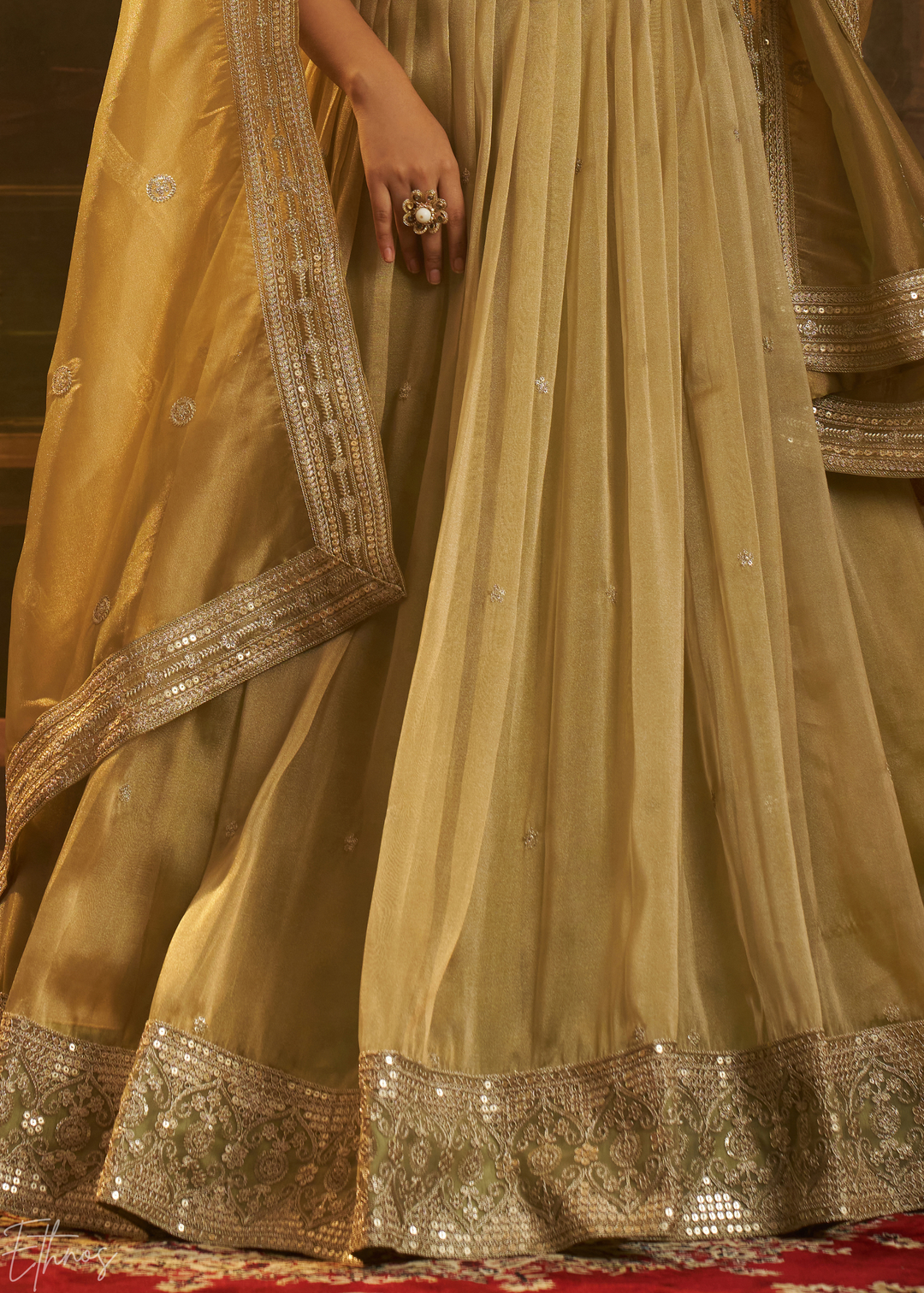 Antique Olive Sequin-Embellished Organza Lehenga Set