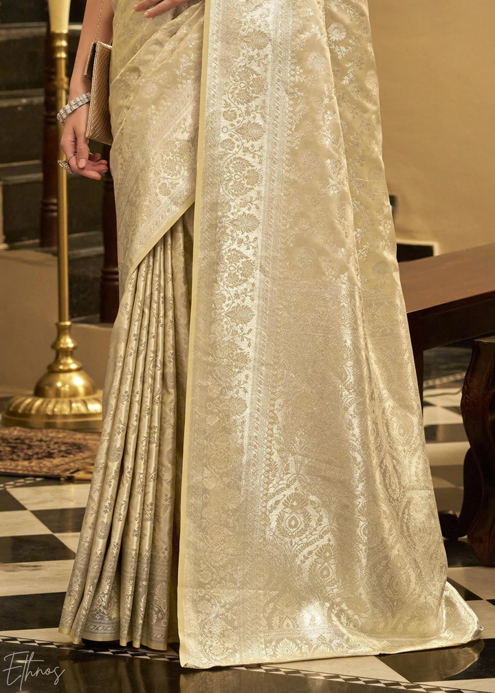 Champagne Rose Iridescent Woven Satin Silk Saree