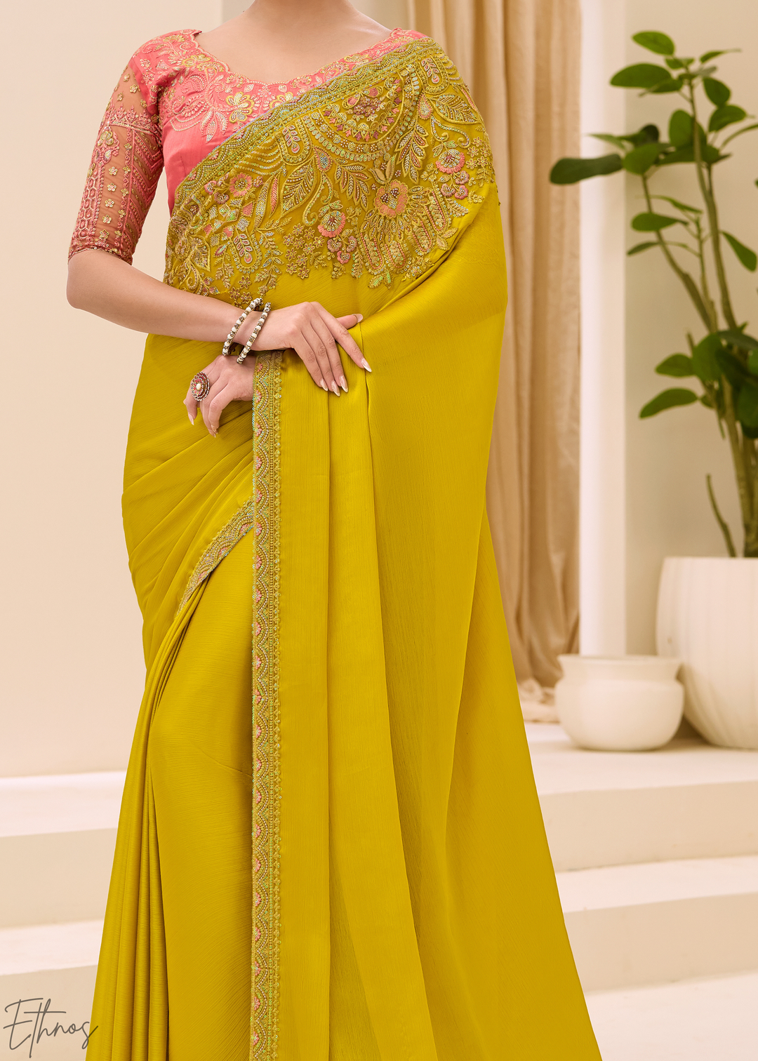 Mustard Yellow Minimalist Satin Chiffon Saree