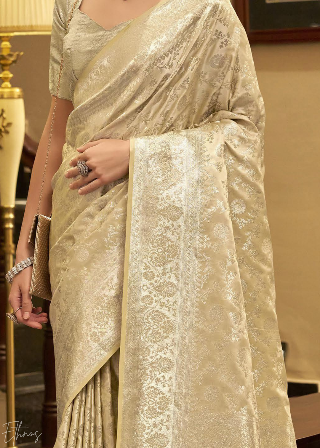 Champagne Rose Iridescent Woven Satin Silk Saree