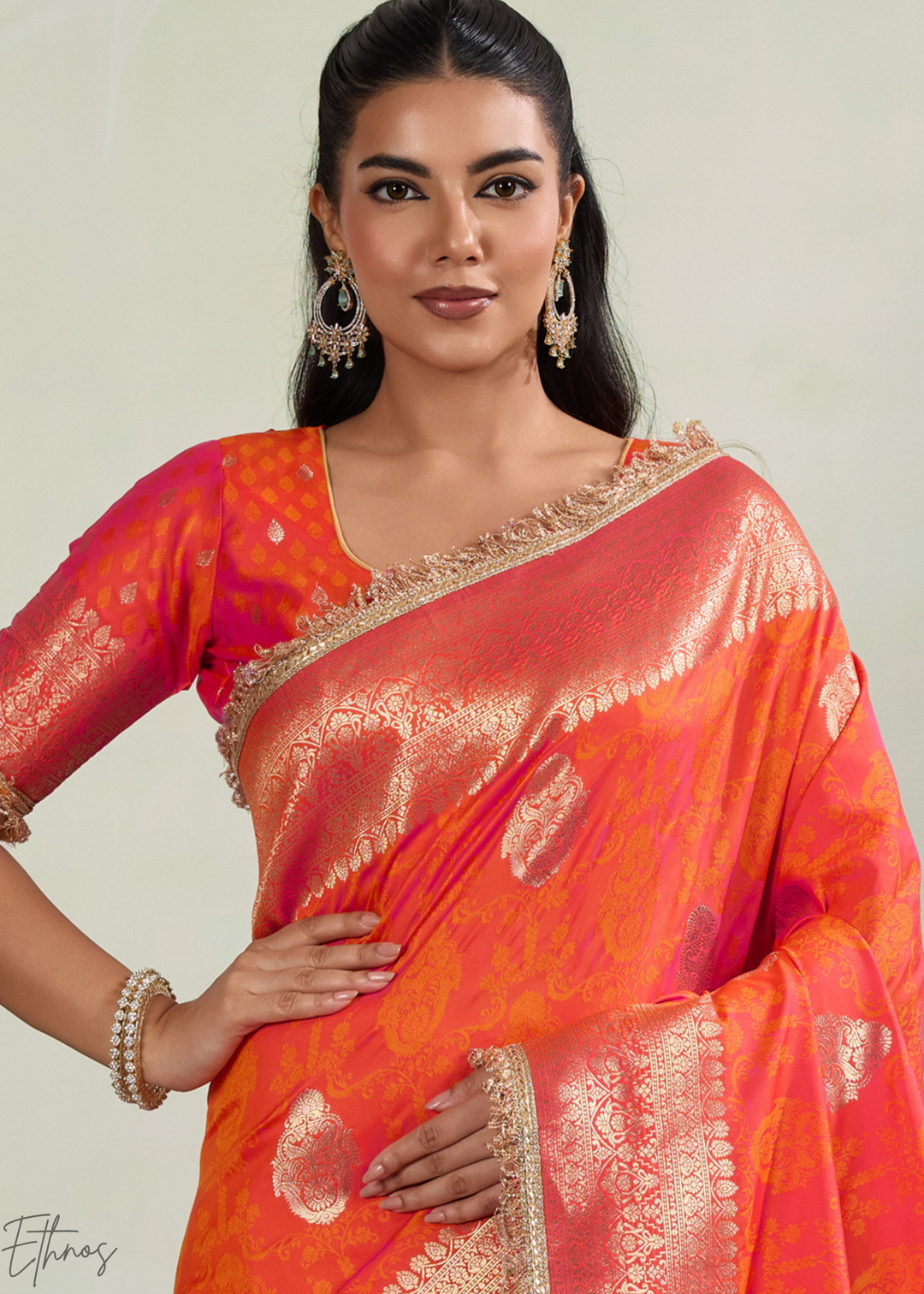 Sunset Coral Aurelian Border Silk Saree