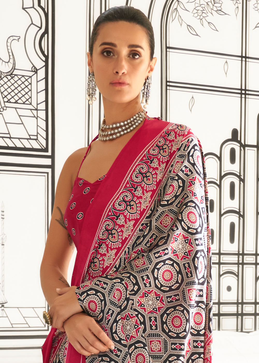 Punch Red Pink Ajrakh Printed Satin Crepe Saree