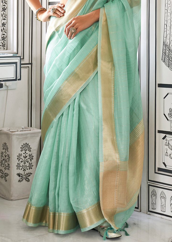 Turquoise Blue Chiffon Saree Having Handloom Weaving Border & All Over Zari Lining
