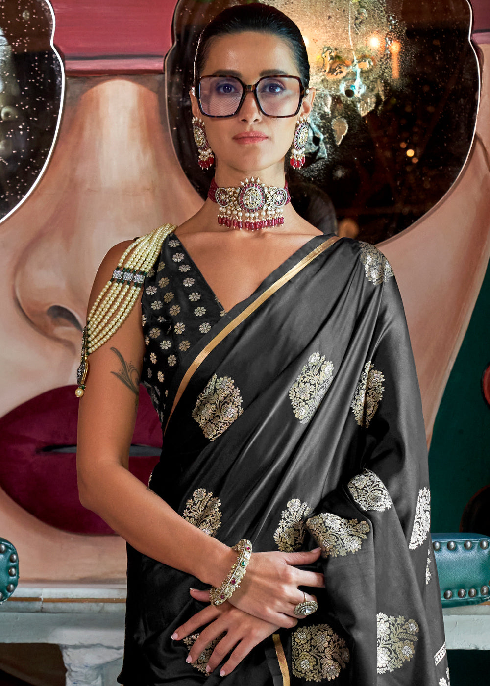 Onyx Black Zari Satin Silk Saree