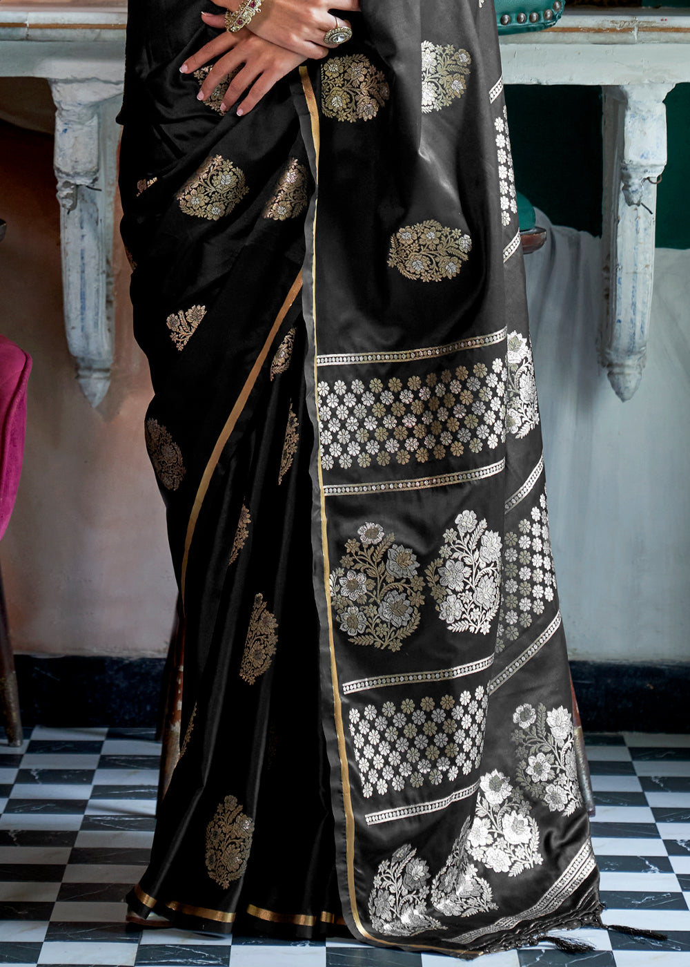 Onyx Black Zari Satin Silk Saree