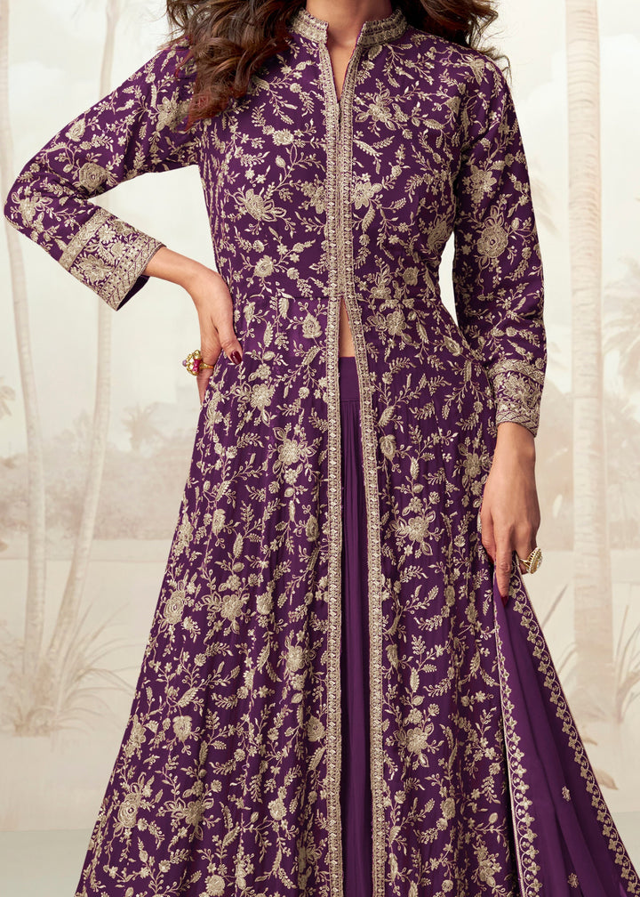Irish Purple Georgette Anarkali Slit Cut Suit With Thread Embroidered Work