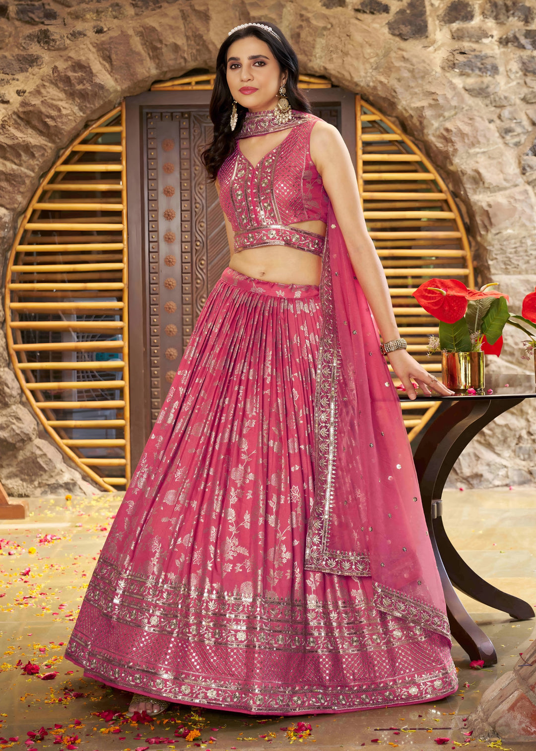 Peach Sequins and Zari Embroidery Work Silk Lehenga