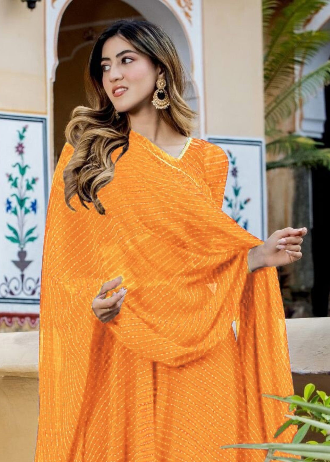 Tang Orange Georgette Leheriya Print Lehenga With Zari And Lace Work