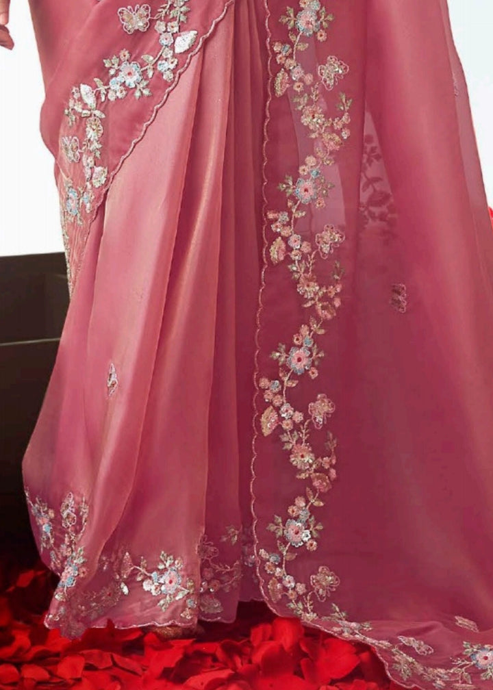 Brink Pink Fancy Fabric Silk Saree With Hand Embroidered Work And Cut Work Border