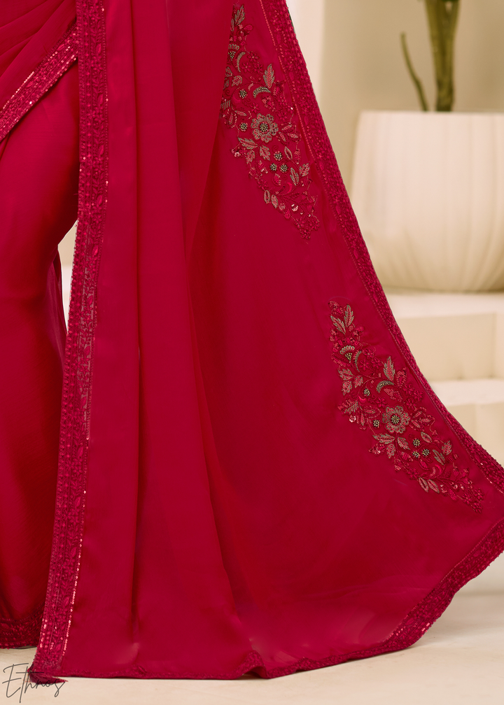 Crimson Red Floral Embroidered Satin Chiffon Saree