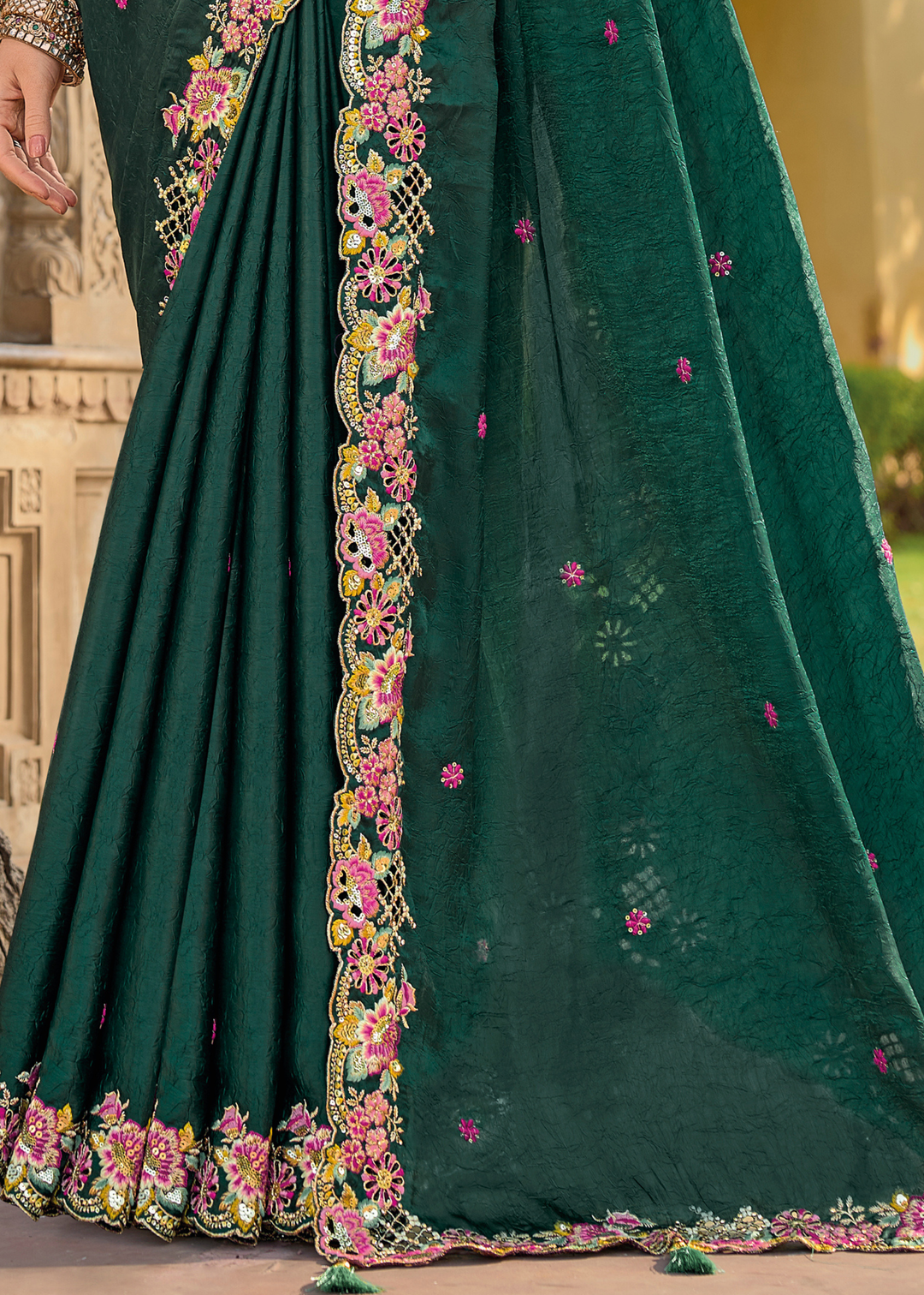Sacramento Green Tissue Organza Silk with Embroidery Cut Work Border, Stone & Sequence work