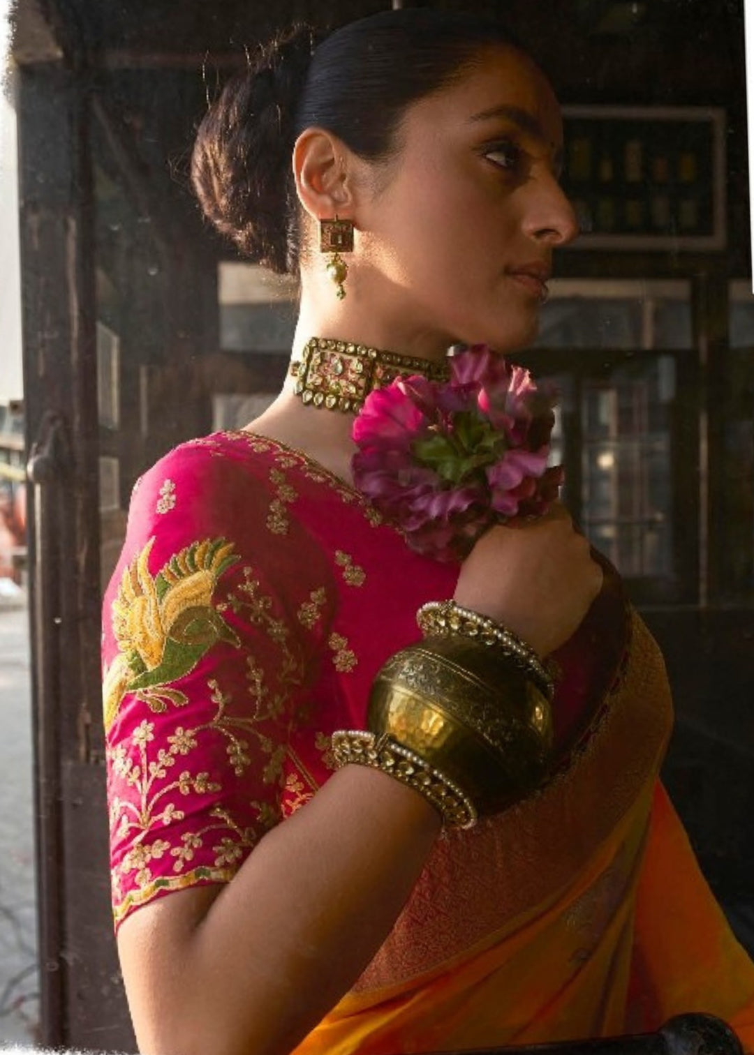 Orange Soft Dola Viscous Silk with 3d Weaved Pallu and contrast blouse Saree