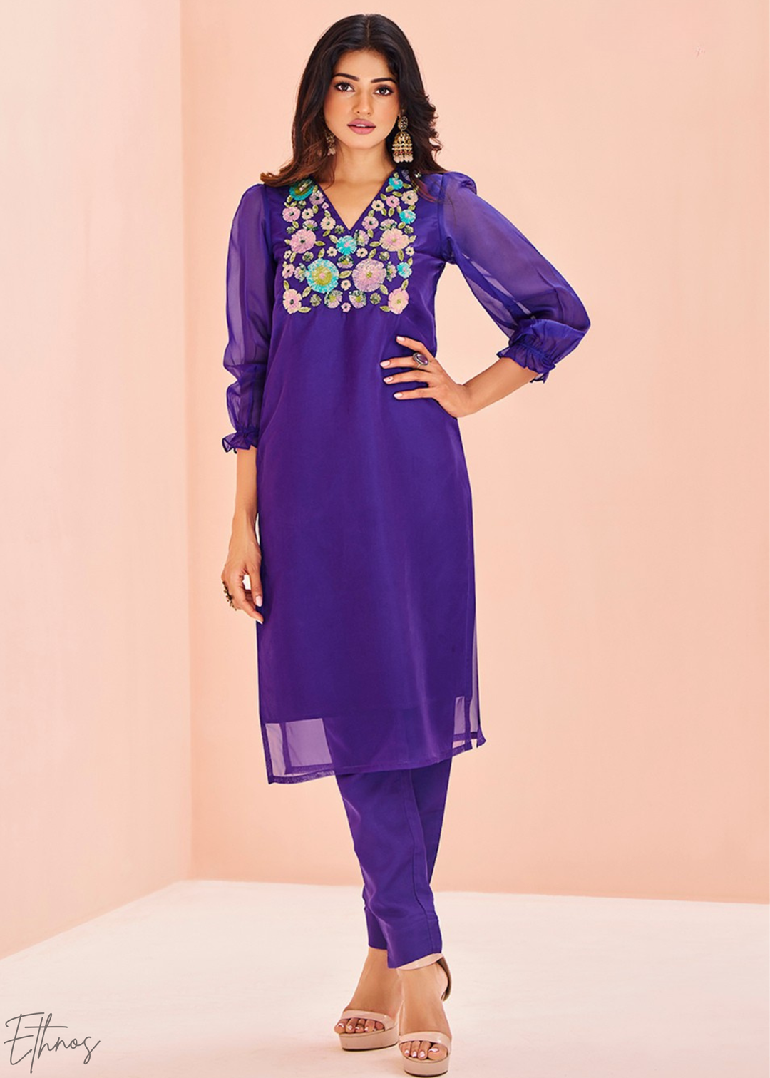 Electric Blue Embroidered Organza Pant Suit