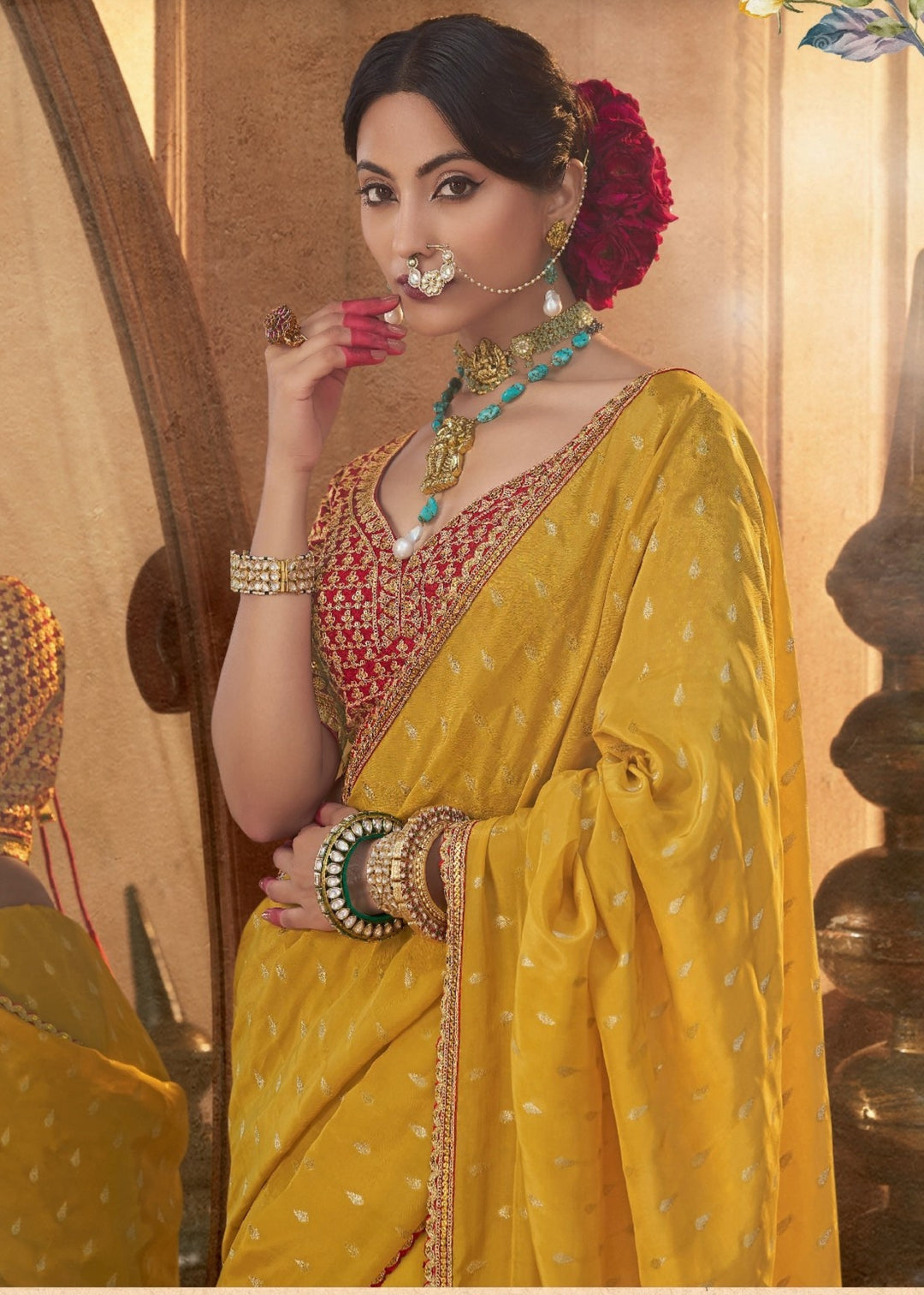 Yellow Pure Viscous Crepe based fabric with Hand dying & Butti weaving Saree