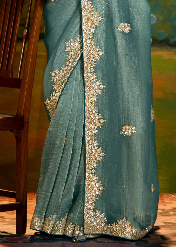 Pine Green Saree With Embroidery And Handwork Designer Cut Border