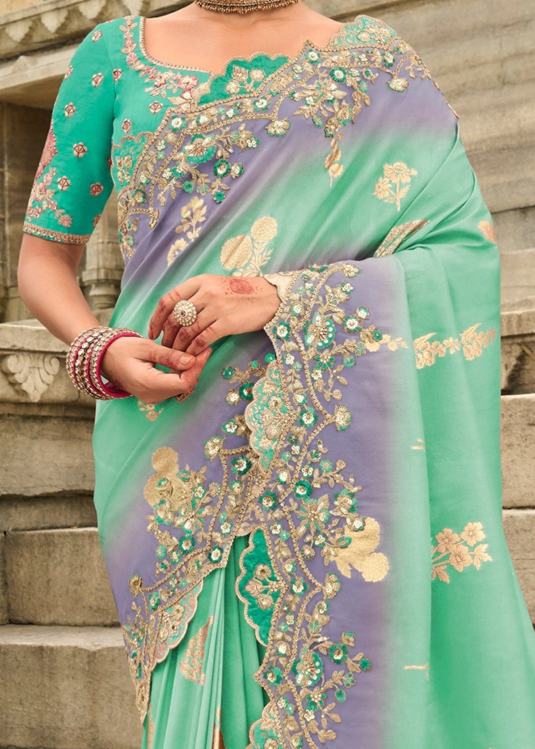 Seafoam Silk Saree With Embroidery Cut and Butti Work