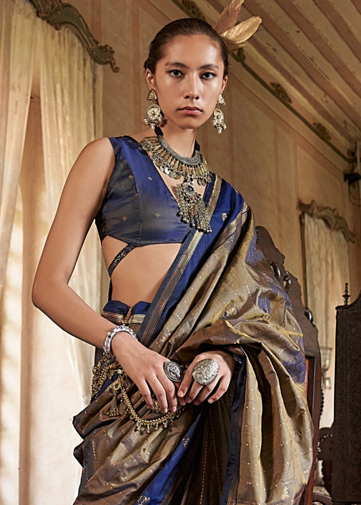 Copper Tussar Silk Handloom Weaving Saree