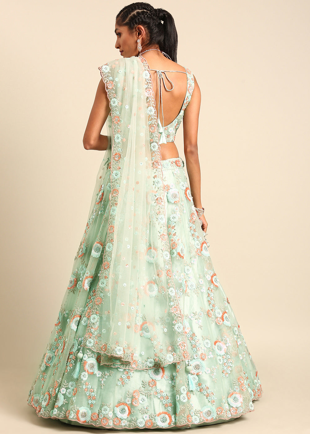 Shades Of Green Net Lehenga Choli with Sequins & Zarkan Embroidery work