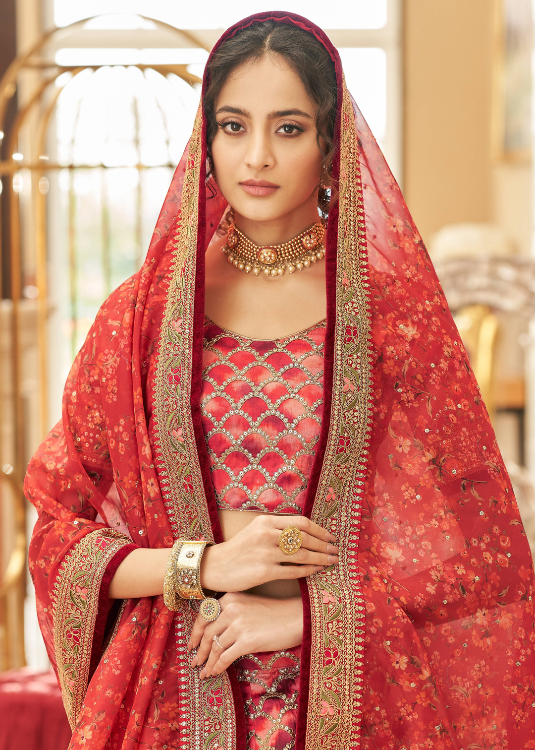 Shades Of Red Art Silk Lehenga Choli with Thread, Zari,Dori & Sequins work