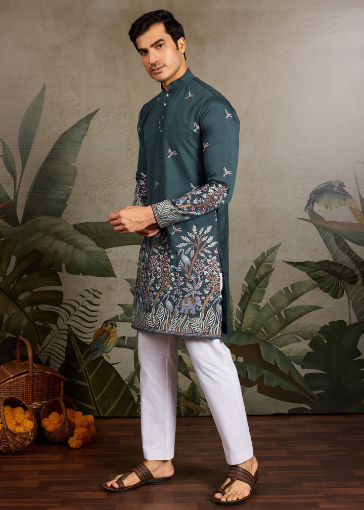 Deep Teal Green Mens Silk Kurta with Pant