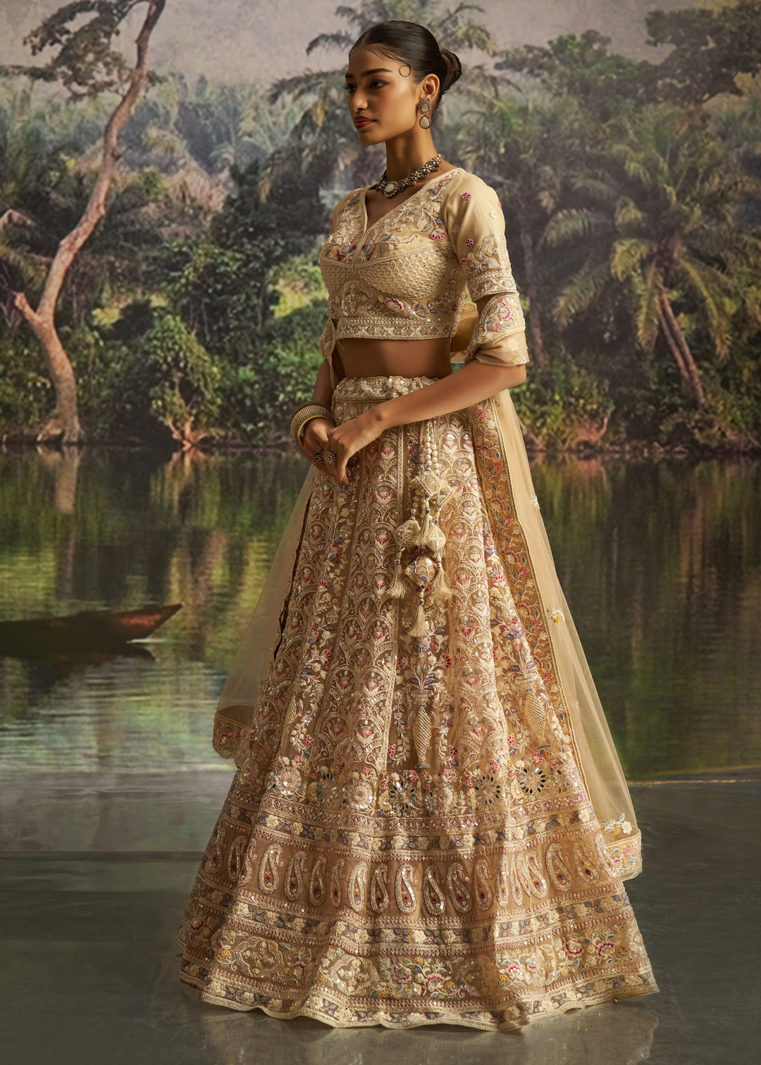 Cream Soft Net Lehenga With Multicolor Embroidery