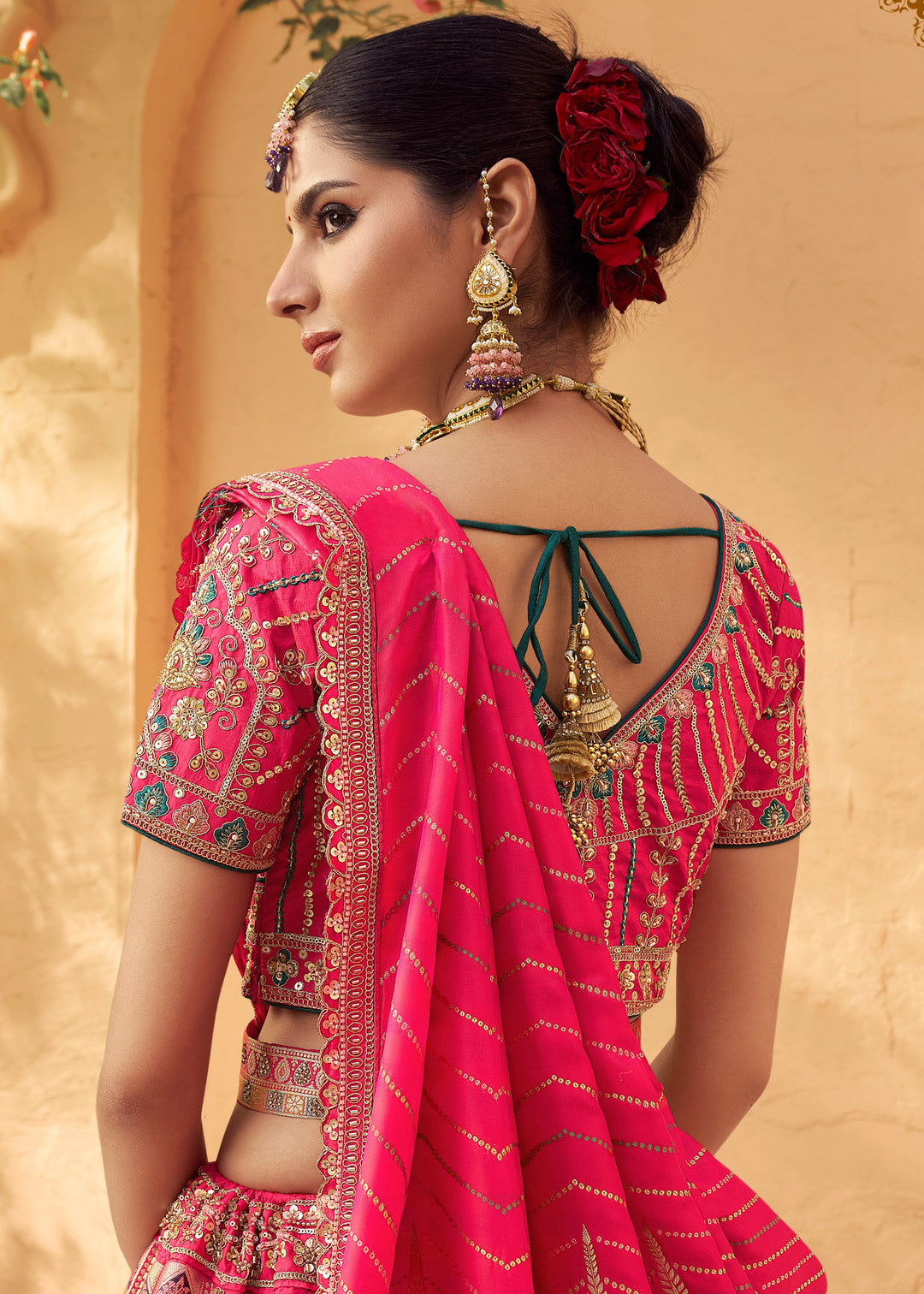 Neon Pink Banarasi Silk Lehenga Choli With Zarkan And Cut Work