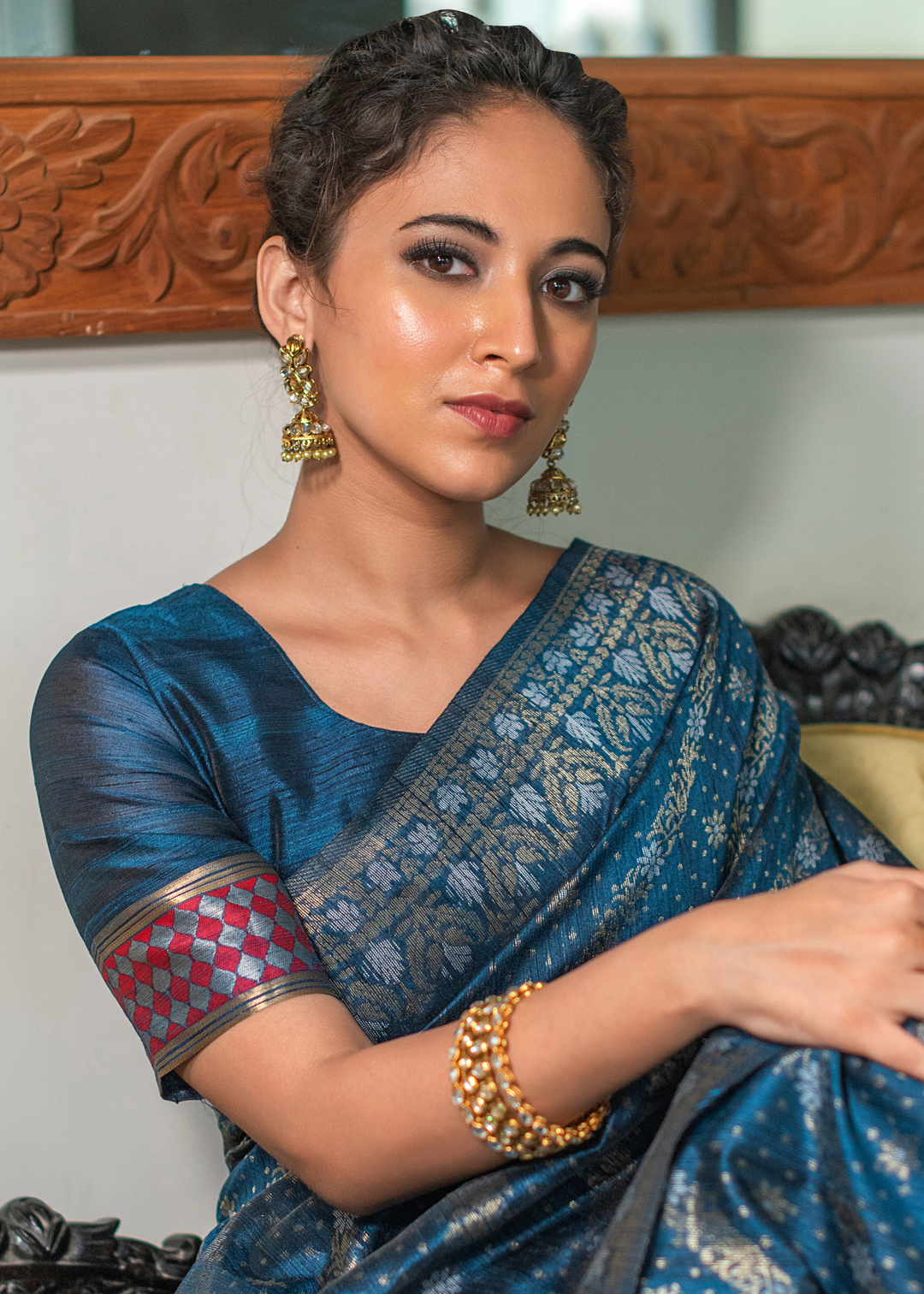 Prussian Blue Zari Woven Tussar Silk Saree with Tassels on Pallu