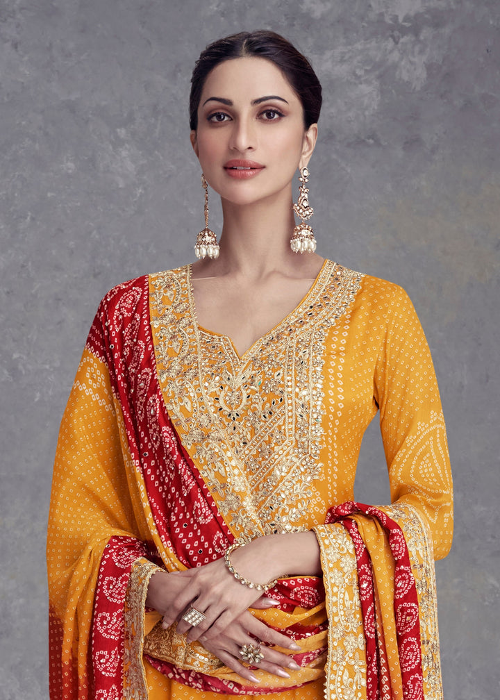 Mustard Yellow Chinon Salwar Suit with Red Dupatta