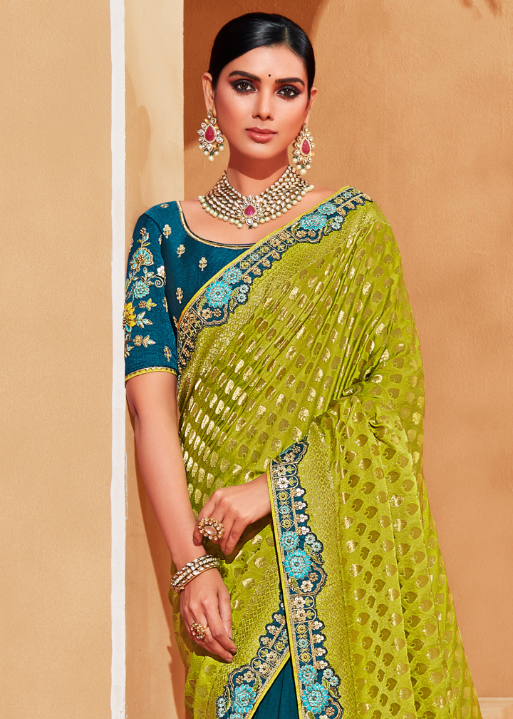 Green & Blue Half N Half Heavy Embroidered Banarasi Silk Saree
