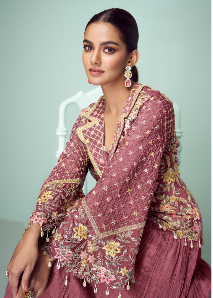 Maroon Pink Chinon Top with Skirt