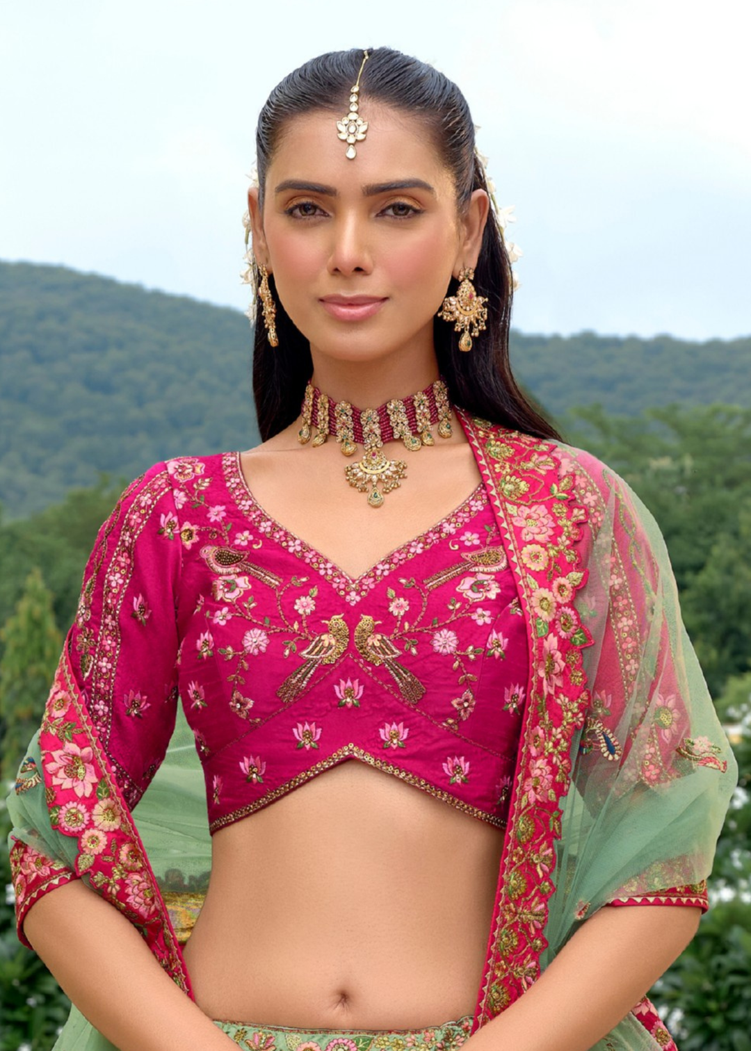 Teal Green And Pink Silk Lehenga With Cut Work Border And Embroidery