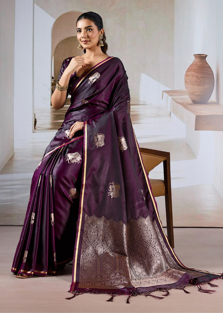 Wine Red Pure Satin Handloom Weaving Saree