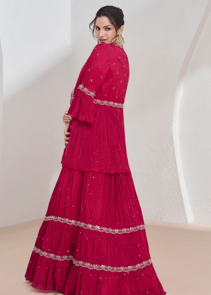 Magenta Pink Embroidered Georgette Top & Skirt Set with Jacket