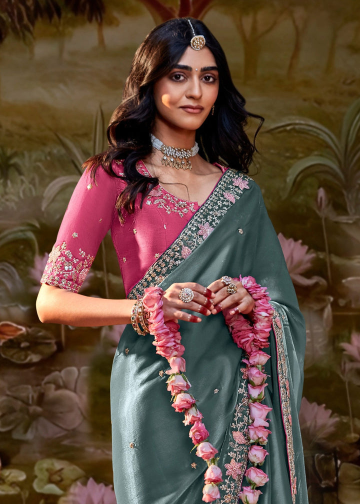 Pink And Grey Saree With Embroidery And Handwork Designer Cut Border