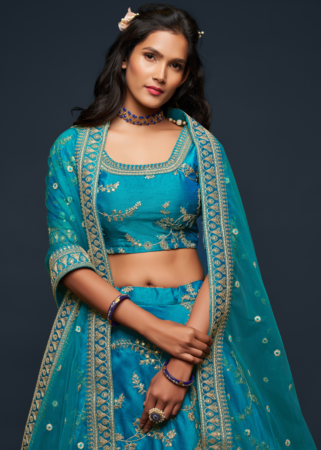 Cerulean Blue Silk Lehenga Choli with Thread,Zari,Dori & Sequins work