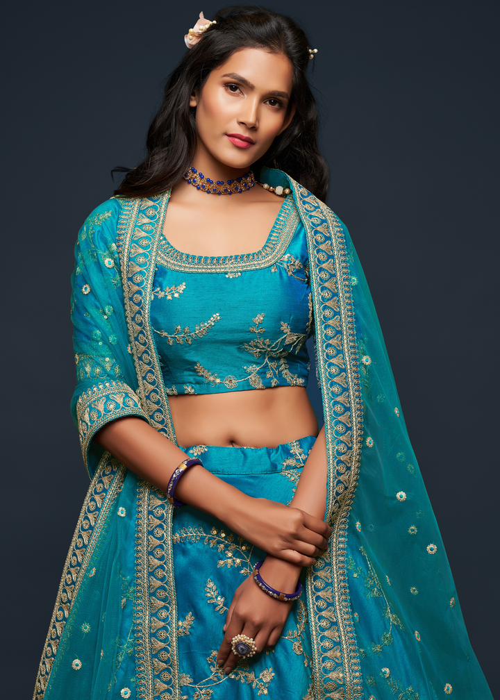 Cerulean Blue Silk Lehenga Choli with Thread,Zari,Dori & Sequins work